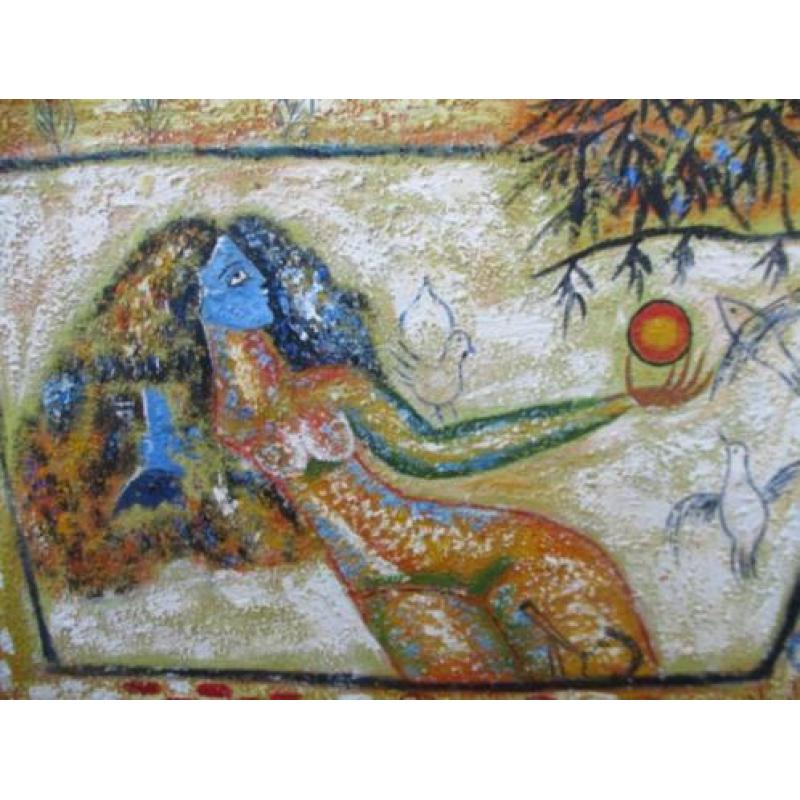 Acryl/doek. Geelong , Jonge dame met vogels.