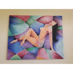 Groot modern kleurrijk schilderij vrouw naakt licht erotisch