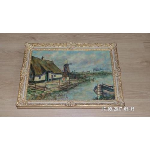 Boerderij en molen aan vaart - Landschap met dorp en kerk