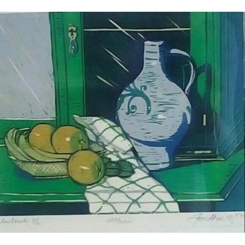 "Stilleven"Prachtige gesigneerde houtsnede gedateerd '90