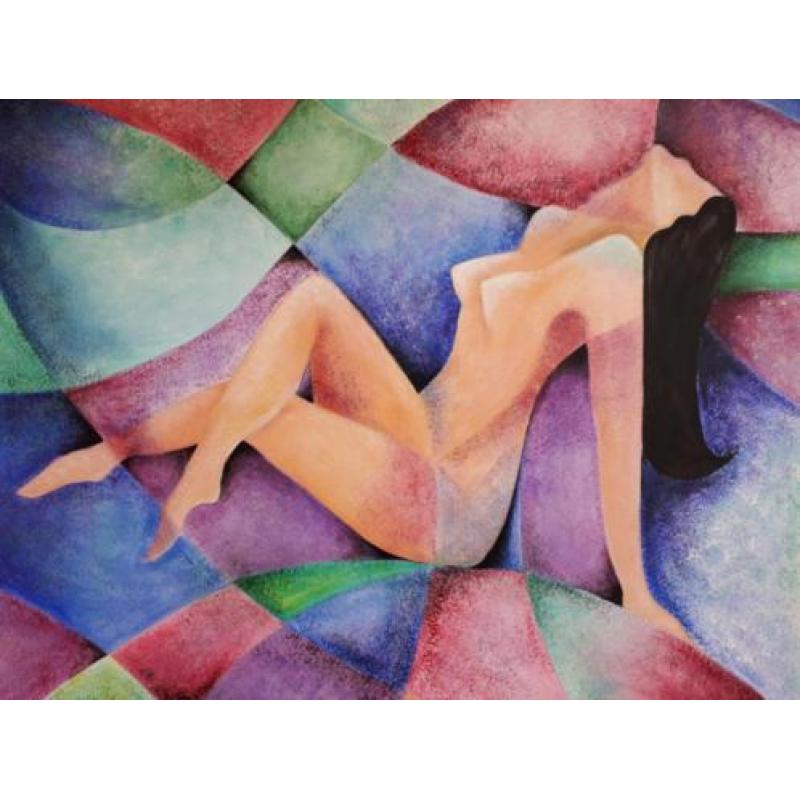 Groot modern kleurrijk schilderij vrouw naakt licht erotisch
