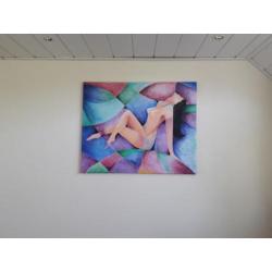 Groot modern kleurrijk schilderij vrouw naakt licht erotisch