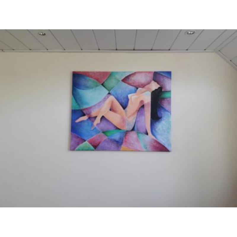 Groot modern kleurrijk schilderij vrouw naakt licht erotisch