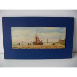 K. Nieuwenhuis olieverf op hout. Bomschuit op het strand.
