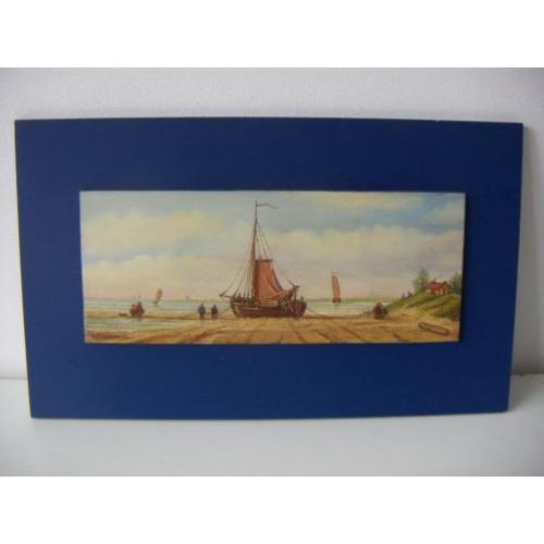 K. Nieuwenhuis olieverf op hout. Bomschuit op het strand.