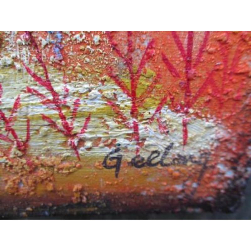 Acryl/doek. Geelong , Jonge dame met vogels.