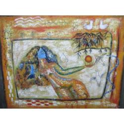 Acryl/doek. Geelong , Jonge dame met vogels.