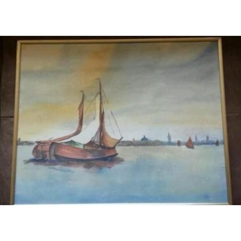 prachtige aquarel zeilschepen Tjalken IJssel of Friesland