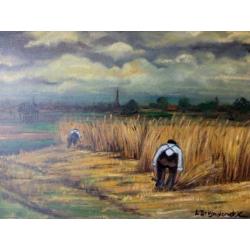 1950 Landschap met koren en boeren met dorp op achtergrond