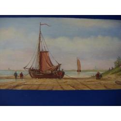 K. Nieuwenhuis olieverf op hout. Bomschuit op het strand.