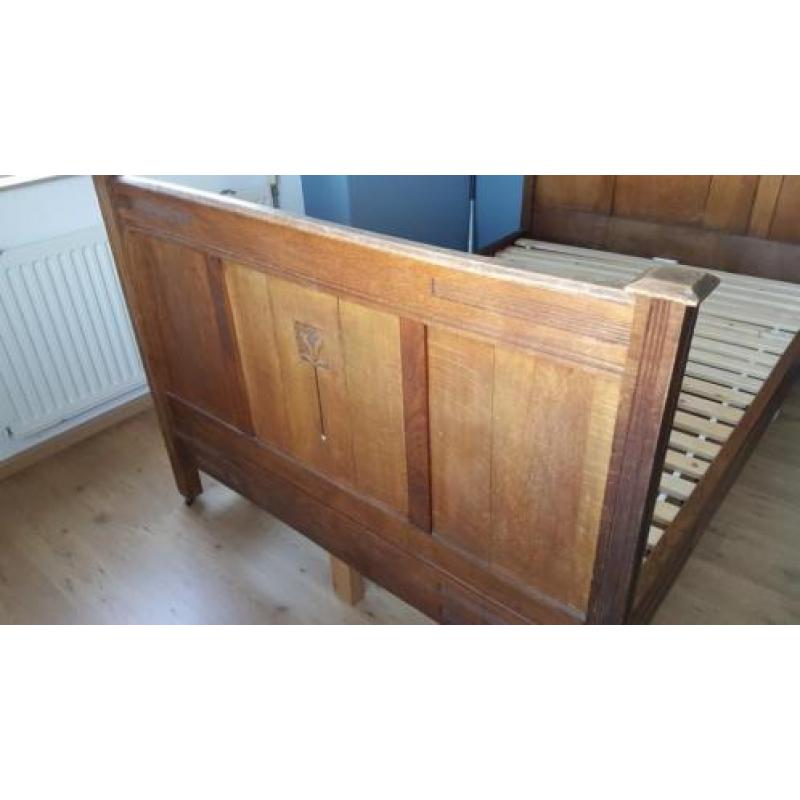 Antiek Jugendstill eiken bed, 130 x 200 m.