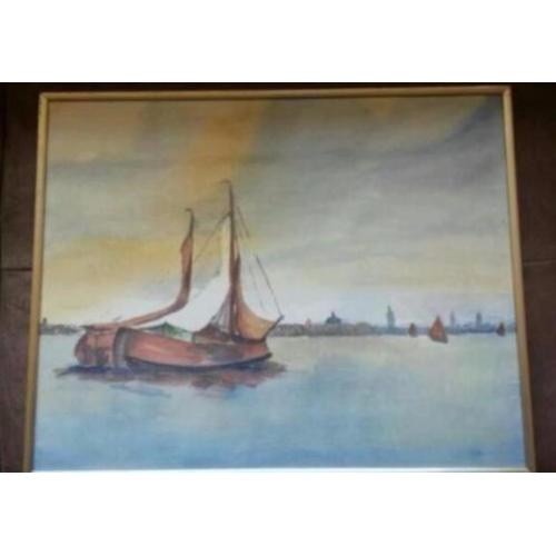 prachtige aquarel zeilschepen Tjalken IJssel of Friesland