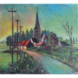 Olieverfschilderij - kerkdorp in Vlaanderen - gesigneerd
