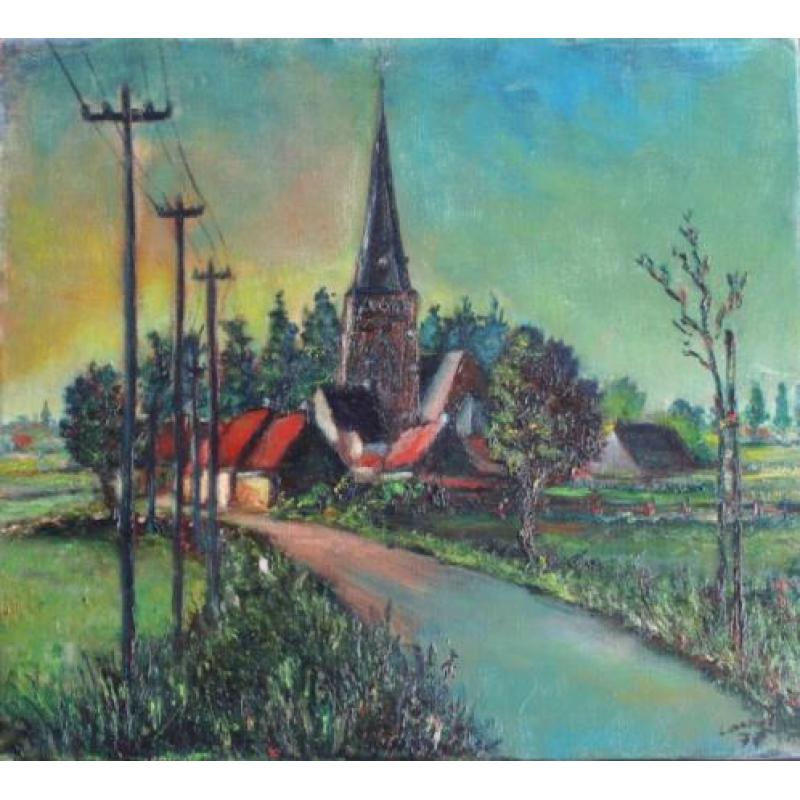 Olieverfschilderij - kerkdorp in Vlaanderen - gesigneerd