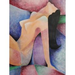 Groot modern kleurrijk schilderij vrouw naakt licht erotisch