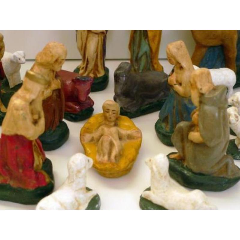 Oude gipsen kerstgroep jaren 40 / Brocante kerststal