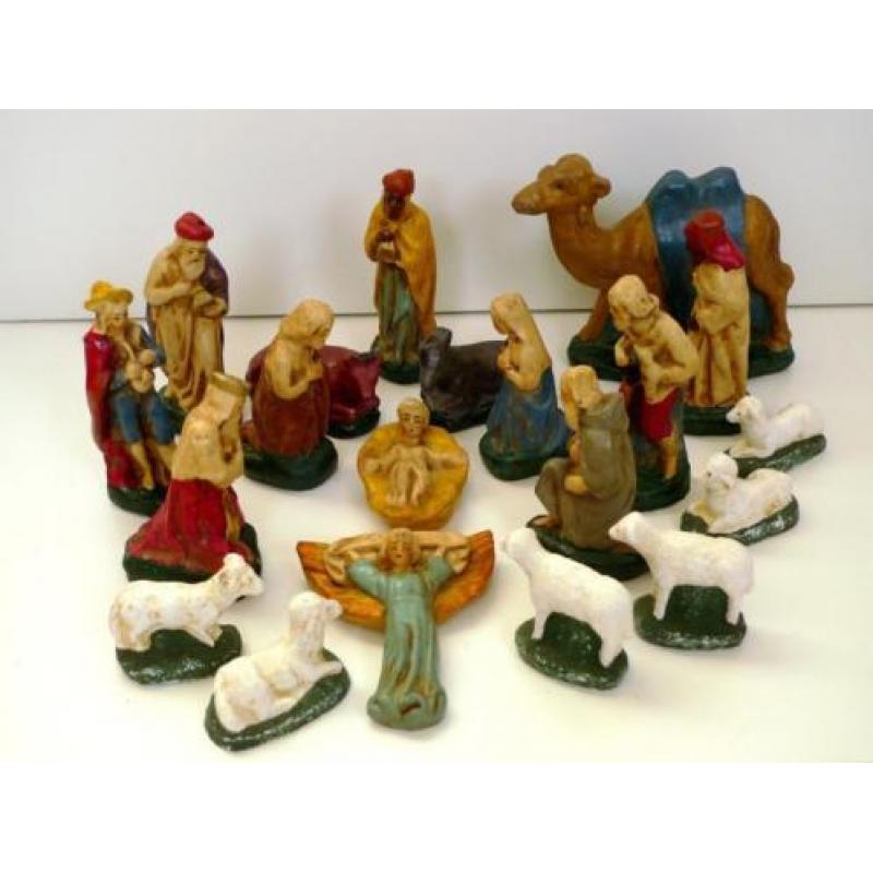 Oude gipsen kerstgroep jaren 40 / Brocante kerststal