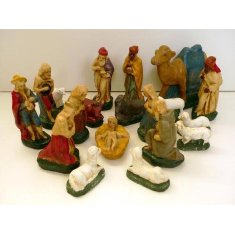 Oude gipsen kerstgroep jaren 40 / Brocante kerststal