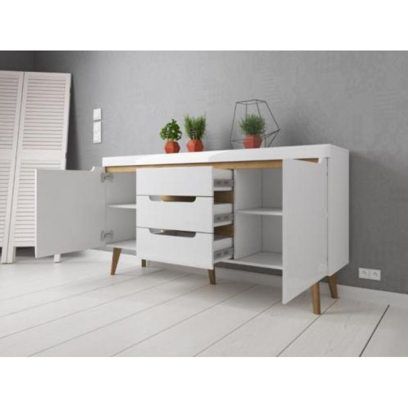 Nebraska Dressoir - 160 cm - Hoogglans wit met lades