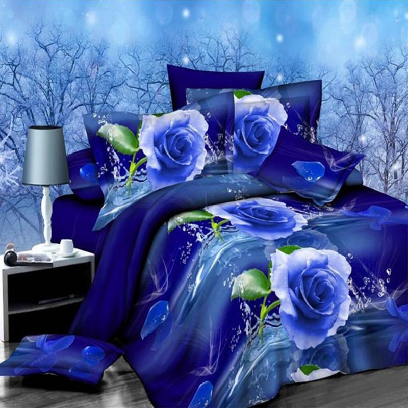4pcs Suit Polyester Fiber 3D Blue Rose Flower Reactive Dyeing Bedding Sets Queen King Size