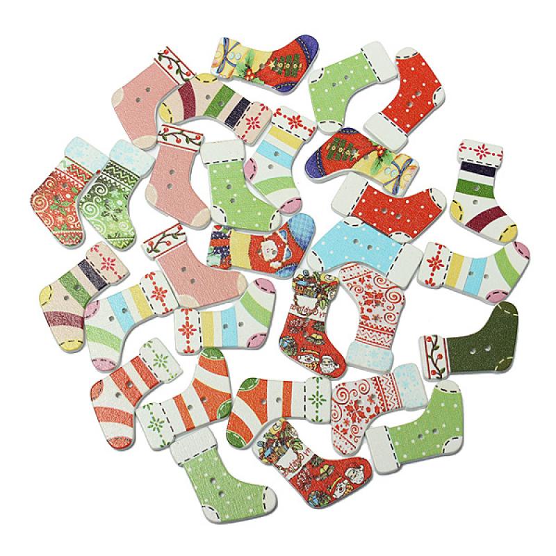 30PCS Christmas Stocking Shape Wooden Buttons Scrapbook Sew Card