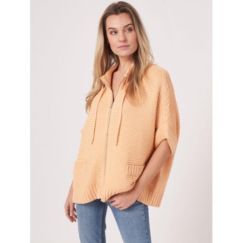 Katoenen poncho met rits en gebreide ribstructuur