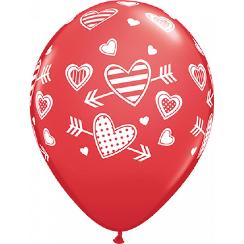 Qualatex Patterned Hearts and Arrows Standard Red Latex Round 11in 27.5cm