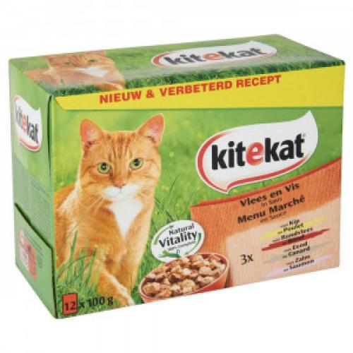 Kitekat Pouch Vlees Vis in Saus kattenvoer 8 x 12 zakjes Kitekat Kattenvoer Kitekat