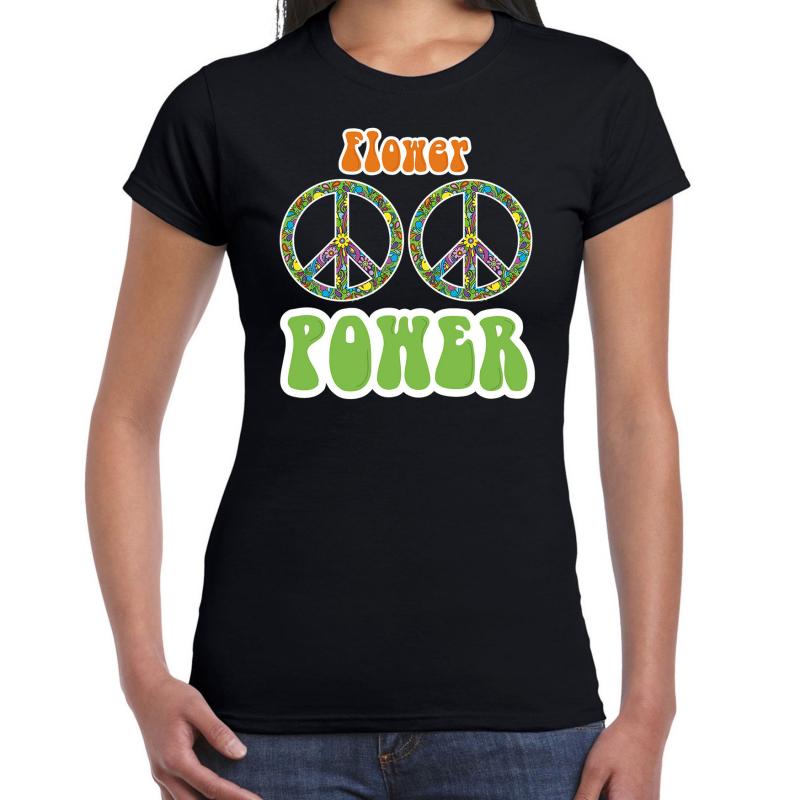 Toppers - Jaren 60 Flower Power verkleed shirt zwart met peace tekens dames