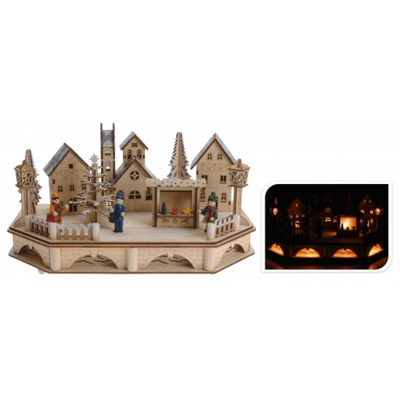 Houten kerstdorp met verlichting 19 cm Geen te koop