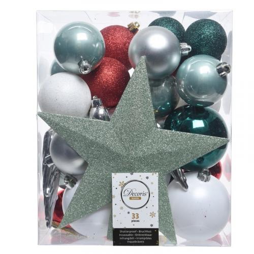 Kerstballen set groen zilver wit kunststof 33 stuks Geen Kerst feestartikelen