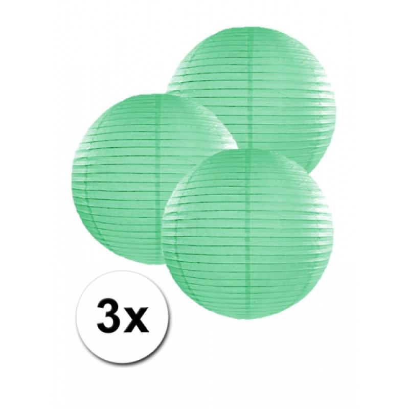 Feestartikelen diversen Geen Voordeelverpakking met 3 mint groene lampionnen 25 cm